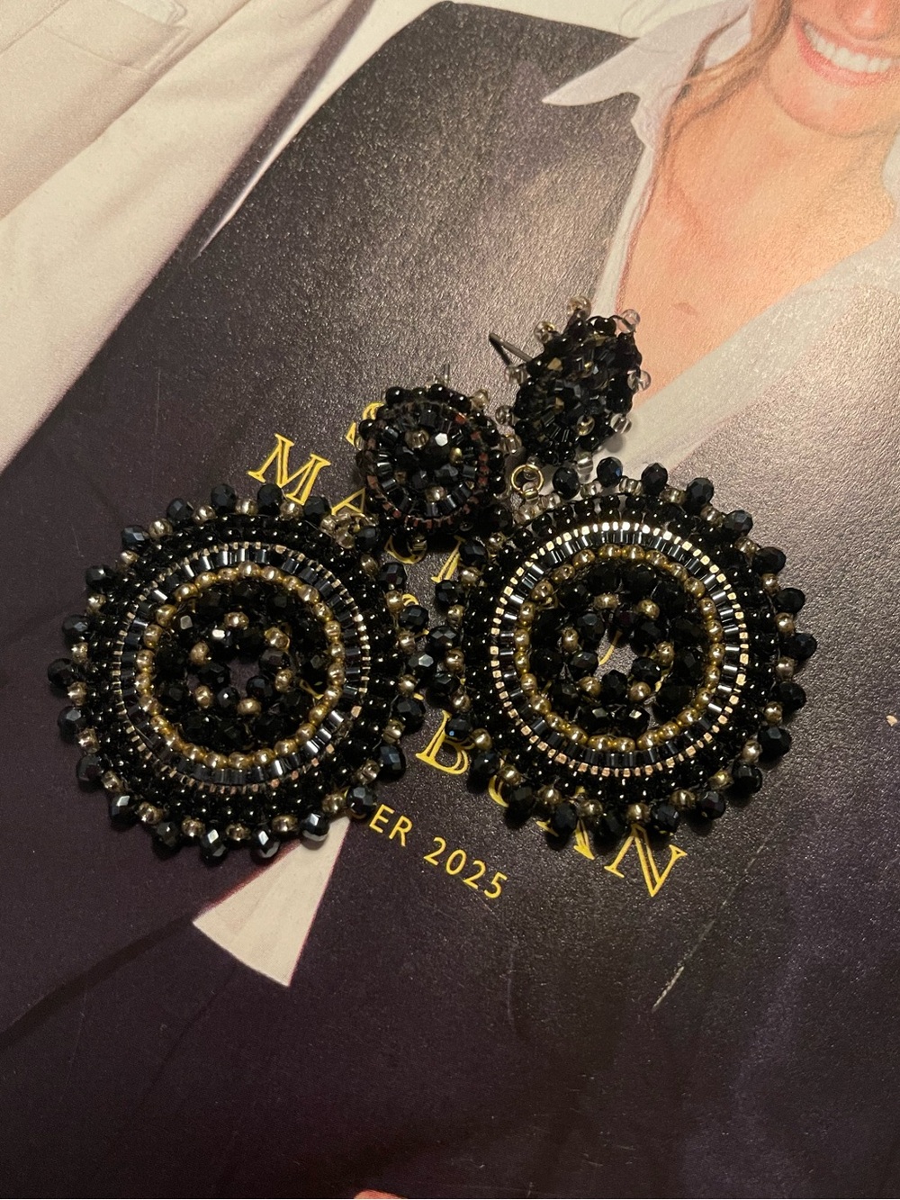 🖤Black Beaded Statement Medallion Drop Earrings
